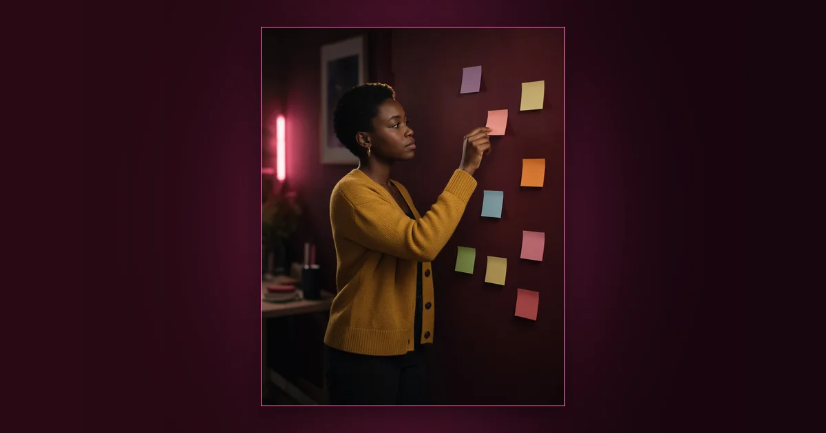 5 Systems That Make You Consistent: Girls Lounge cover image showing a woman writing goals in a planner by a window at night, neon pink lighting (AI-generated illustration)