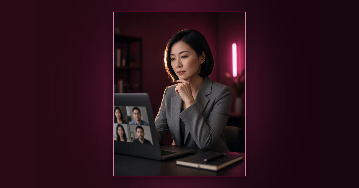 Recruit Creators on Telegram, Minus the Creep: Girls Lounge cover image showing a smiling woman in a sweater reading messages on her phone, neon pink lighting (AI-generated illustration)