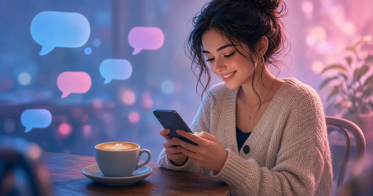 A creator in a cardigan replying to comments on her phone at a cafe (AI-generated illustration)