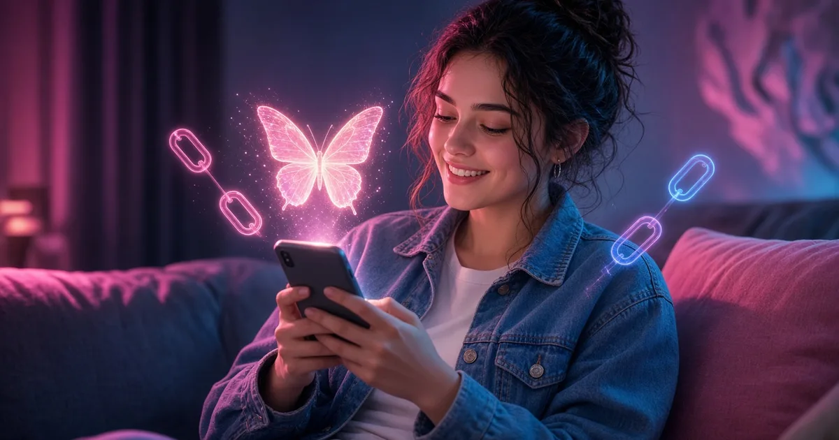 Bluesky for Creators: Girls Lounge cover image showing a woman in a denim jacket smiling at her phone on a sofa, glowing butterfly and link icons, neon pink lighting (AI-generated illustration)