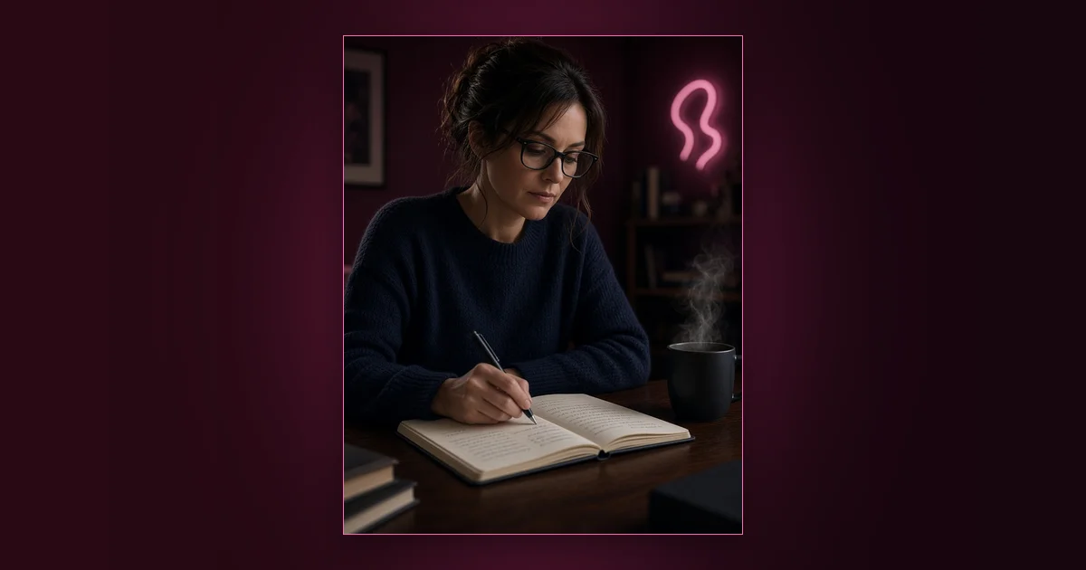 Eat the Frog First: Girls Lounge cover image showing a woman writing goals in a planner by a window at night, neon pink lighting (AI-generated illustration)