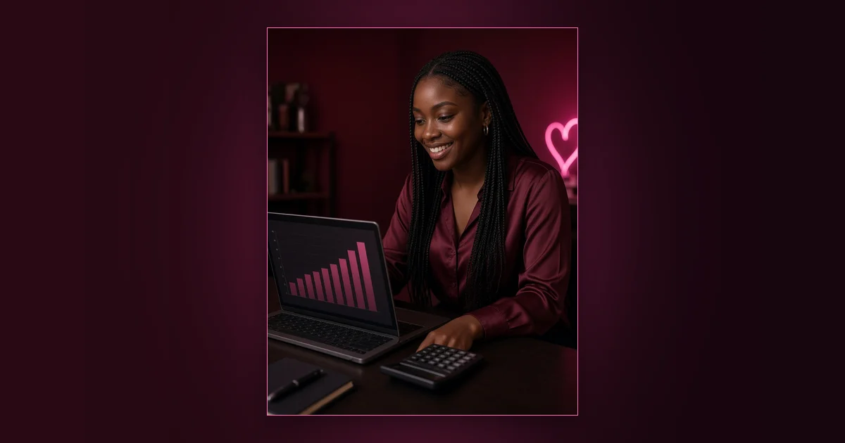 $1,500 a Month With Just 10 Subs?: Girls Lounge cover image showing an illustrated woman silhouette next to a phone showing a rising chart, neon pink lighting (AI-generated illustration)