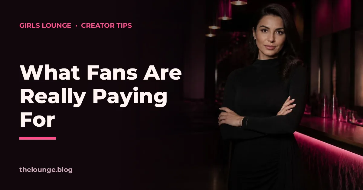 What Fans Are Really Paying For: Girls Lounge cover image showing an elegant woman in a long-sleeved black dress in a lounge bar, neon pink lighting (AI-generated illustration)