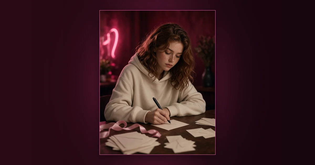 Always Give a Little Extra: Girls Lounge cover image showing an illustrated woman silhouette holding a phone with chat bubbles and hearts, neon pink lighting (AI-generated illustration)