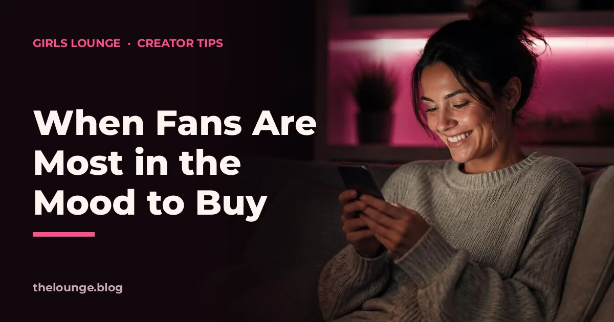 When Fans Are Most in the Mood to Buy: Girls Lounge cover image showing a smiling woman in a sweater reading messages on her phone, neon pink lighting (AI-generated illustration)