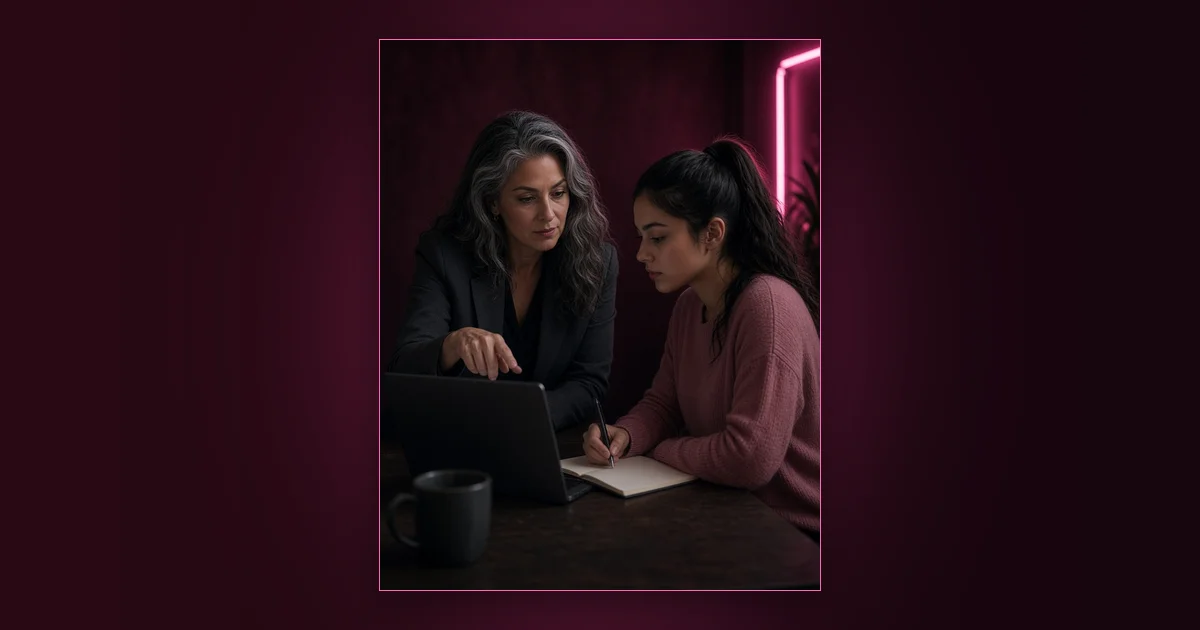 From $0 to $8,000: Her Comeback: Girls Lounge cover image showing an illustrated woman silhouette next to a phone showing a rising chart, neon pink lighting (AI-generated illustration)