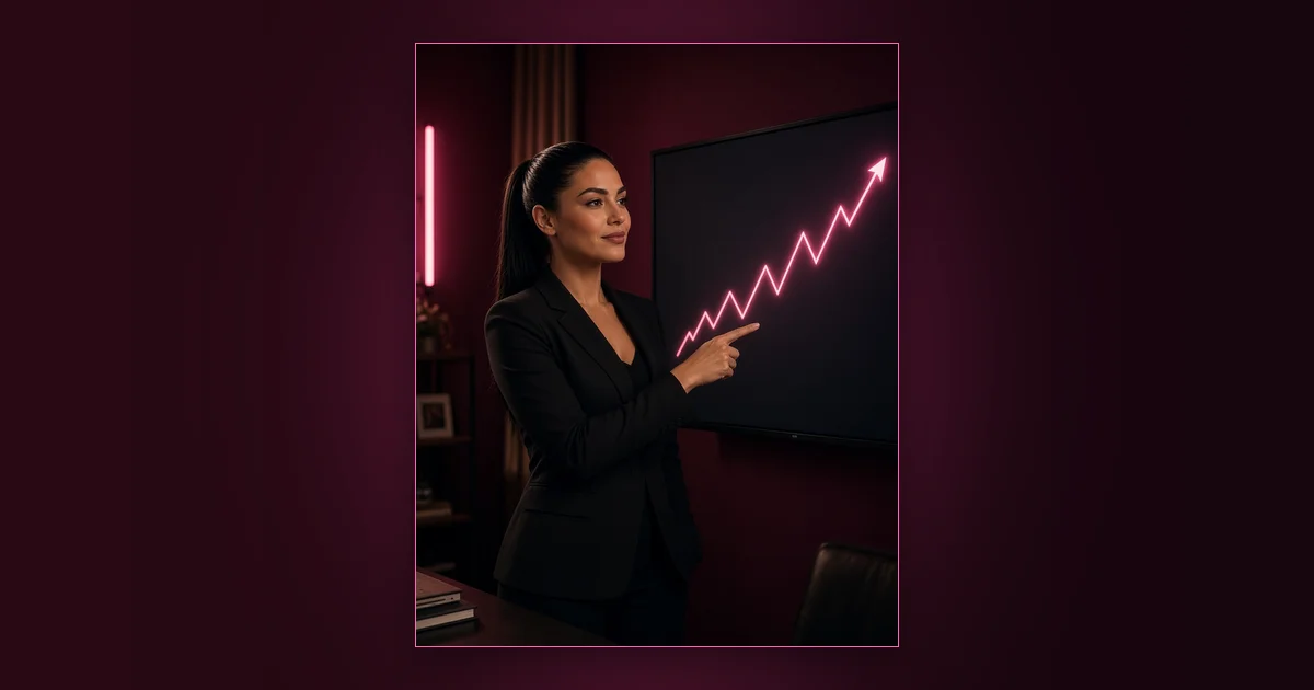The Feed Cleanup That Tripled Revenue: Girls Lounge cover image showing a woman in a turtleneck checking charts on a tablet, neon pink lighting (AI-generated illustration)