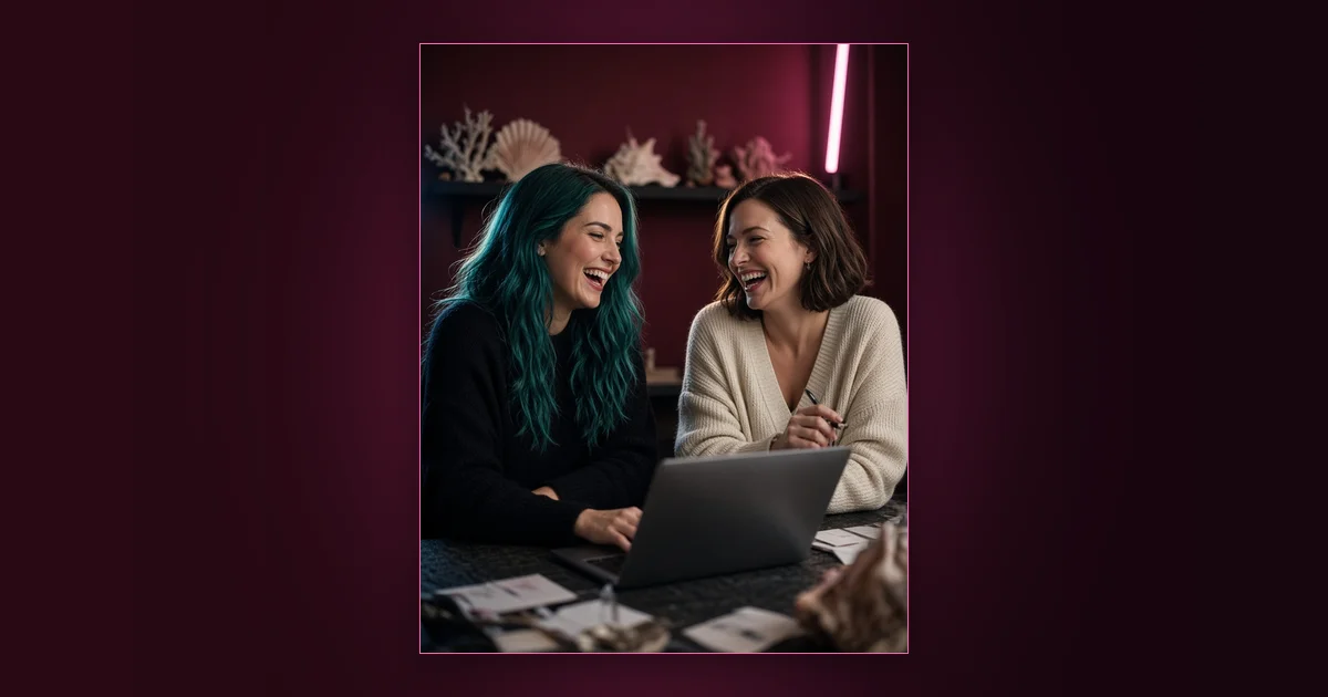 How a Mermaid Niche Doubled Our Income: Girls Lounge cover image showing two women brainstorming together over a laptop on a sofa, neon pink lighting (AI-generated illustration)