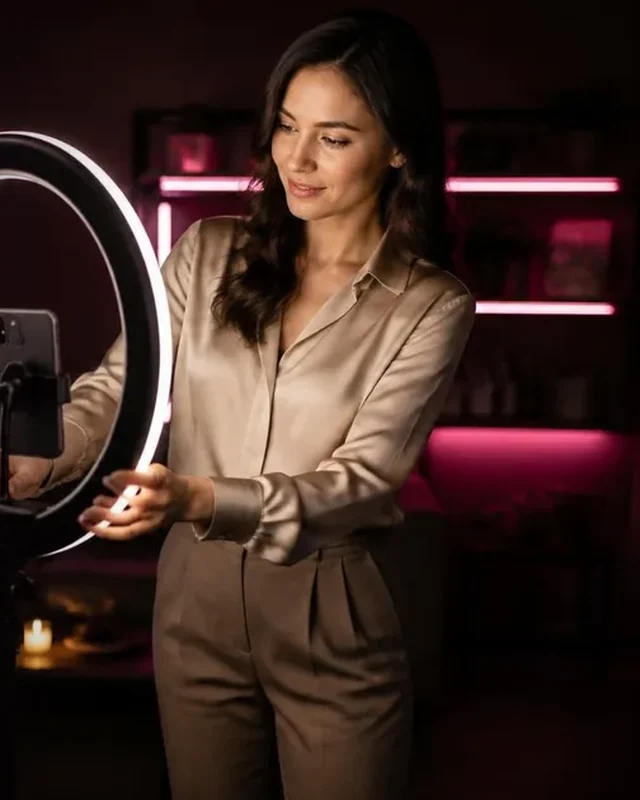 Show Me, Tell Me: The TOTAL Method: Girls Lounge cover image showing a woman setting up a ring light and phone tripod in a home studio, neon pink lighting (AI-generated illustration)