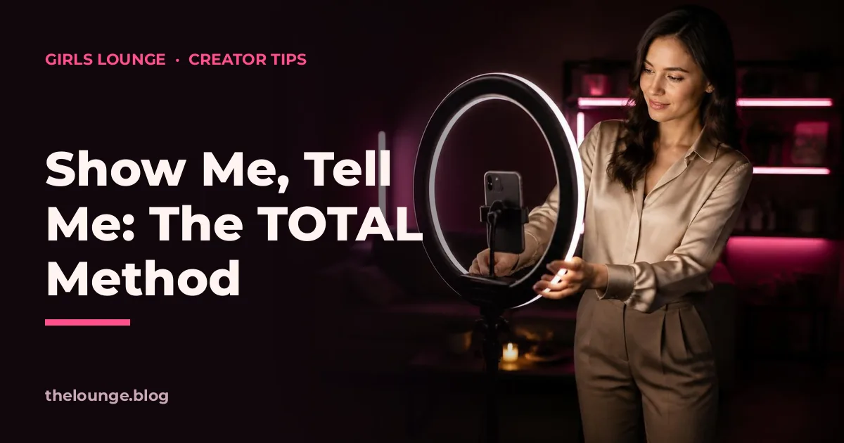 Show Me, Tell Me: The TOTAL Method: Girls Lounge cover image showing a woman setting up a ring light and phone tripod in a home studio, neon pink lighting (AI-generated illustration)