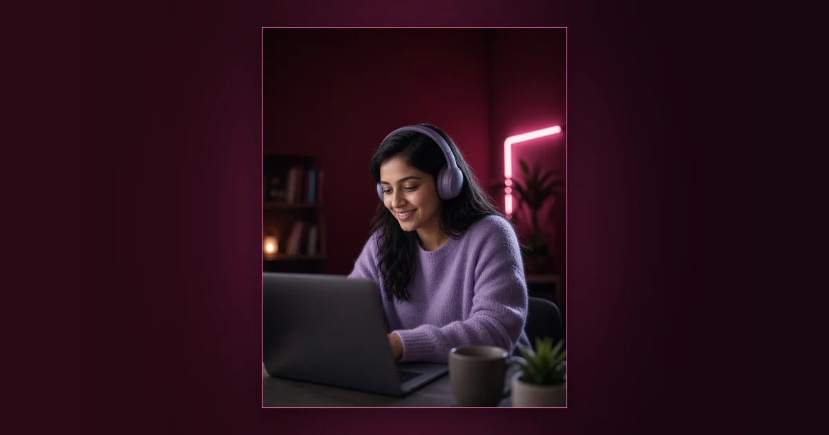 Let Your Fans Write Your Calendar: Girls Lounge cover image showing a smiling woman in a sweater reading messages on her phone, neon pink lighting (AI-generated illustration)