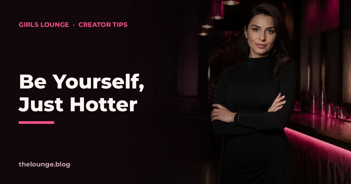 Be Yourself, Just Hotter: Girls Lounge cover image showing an elegant woman in a long-sleeved black dress in a lounge bar, neon pink lighting (AI-generated illustration)