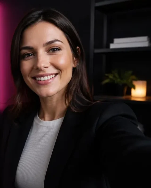 Threads: Grow Without Getting Banned: Girls Lounge cover image showing a woman in a blazer filming herself with her phone, neon pink lighting (AI-generated illustration)