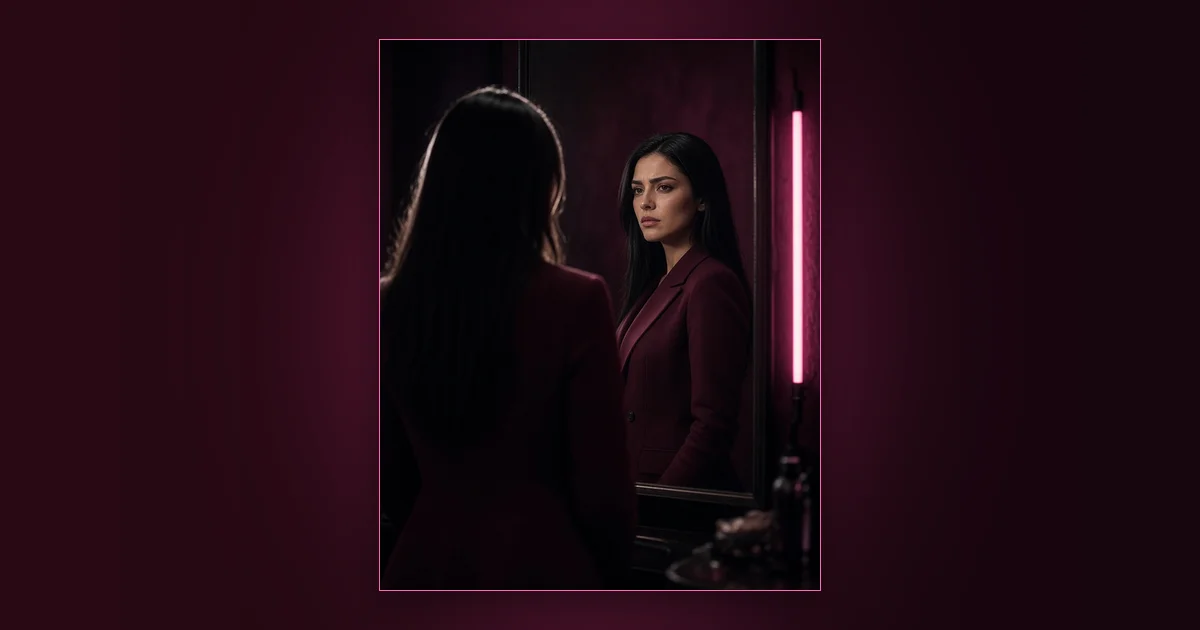 "Who Am I to Do This?" Beat Self-Doubt: Girls Lounge cover image showing a calm woman taking a mindful break with a mug, neon pink lighting (AI-generated illustration)