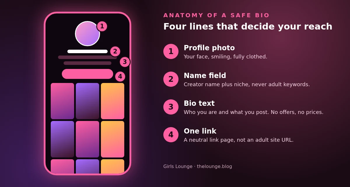 Illustration: anatomy of a safe Instagram bio in 4 numbered points, profile photo, name field, bio text and one neutral link