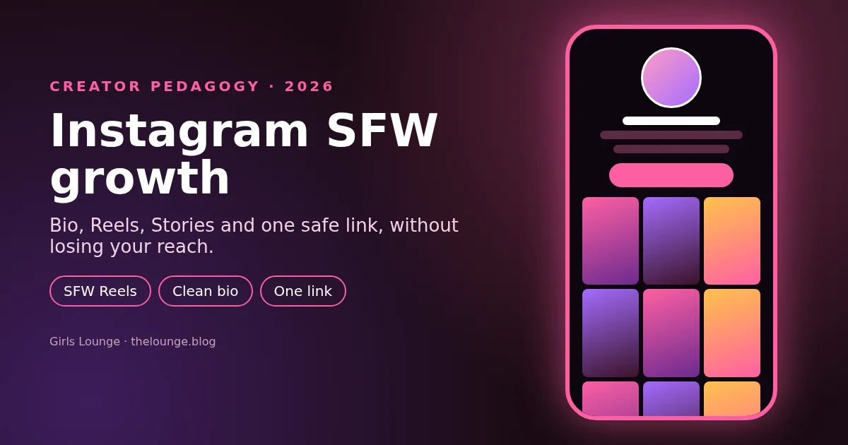 Instagram SFW Growth for Creators: Girls Lounge cover illustration with a stylized phone profile, neon pink