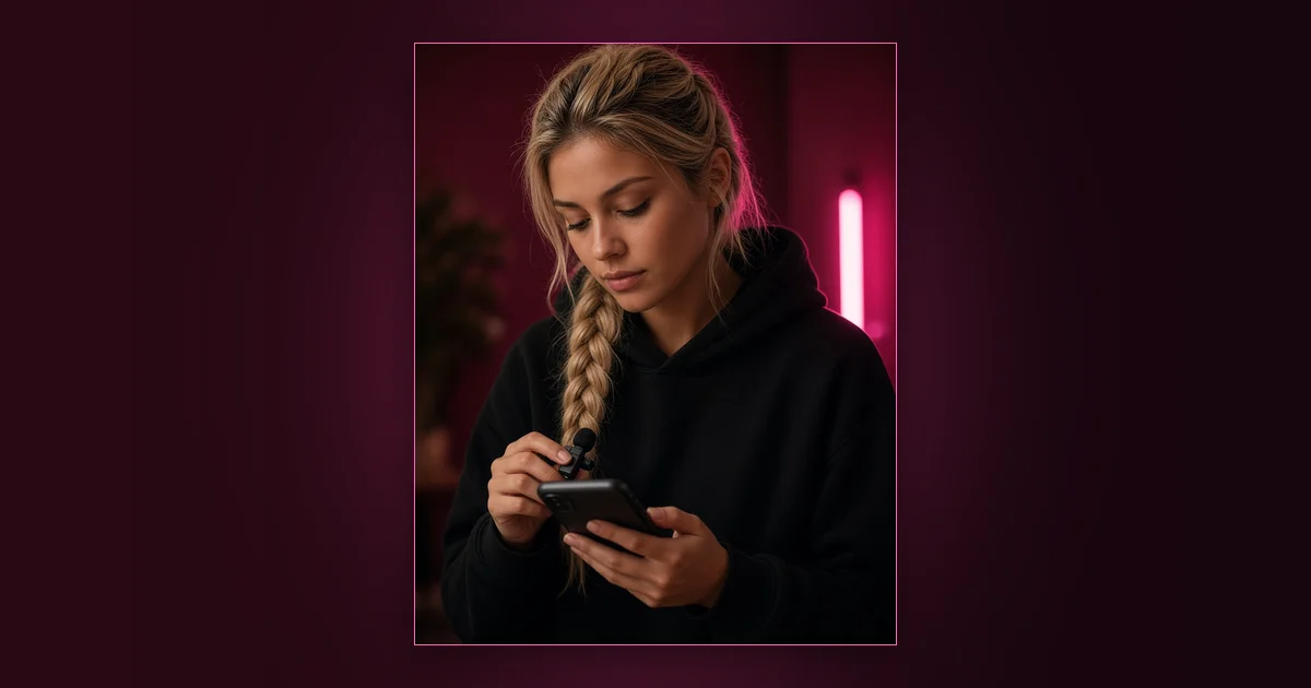 Why a Tiny Phone Mic Makes Audio Sell: Girls Lounge cover image showing a woman setting up a ring light and phone tripod in a home studio, neon pink lighting (AI-generated illustration)