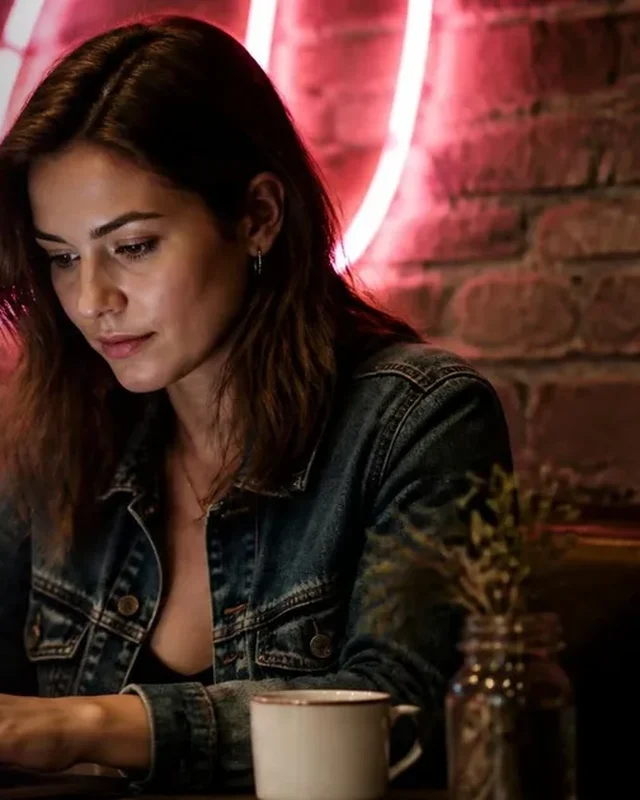 Captions That Make Him Click: Girls Lounge cover image showing a woman in a denim jacket typing on a laptop in a cafe, neon pink lighting (AI-generated illustration)