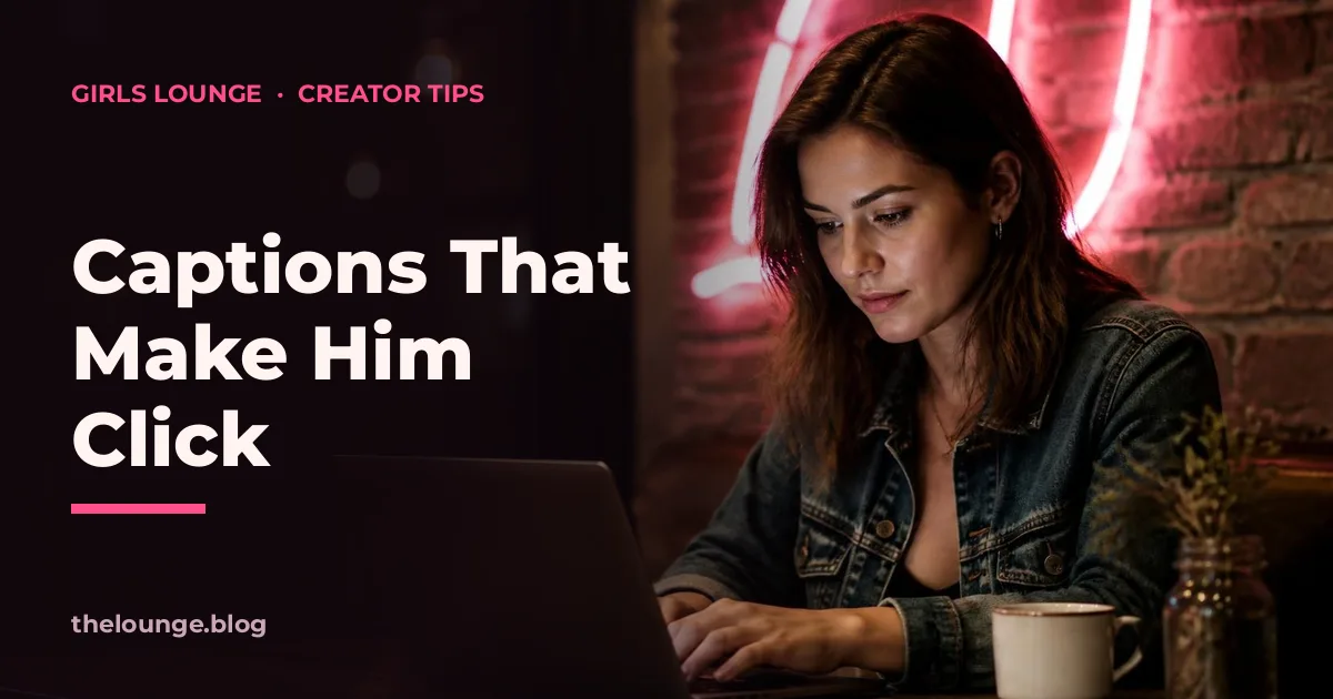 Captions That Make Him Click: Girls Lounge cover image showing a woman in a denim jacket typing on a laptop in a cafe, neon pink lighting (AI-generated illustration)