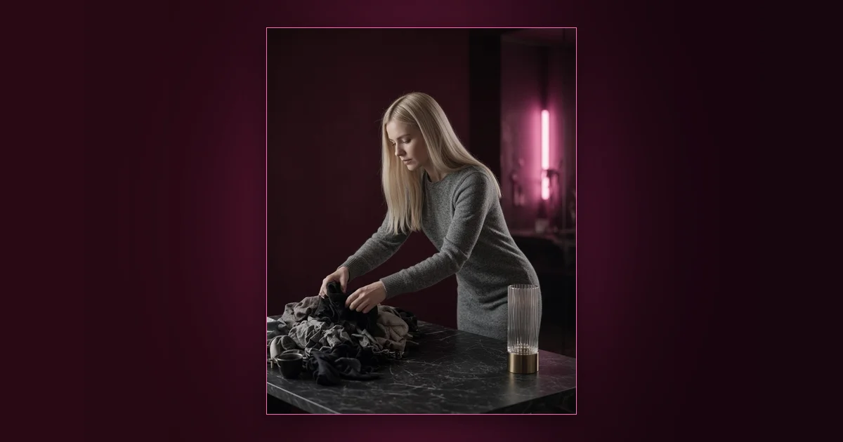 Less Is Sexier: Curate Your Feed: Girls Lounge cover image showing a woman setting up a ring light and phone tripod in a home studio, neon pink lighting (AI-generated illustration)