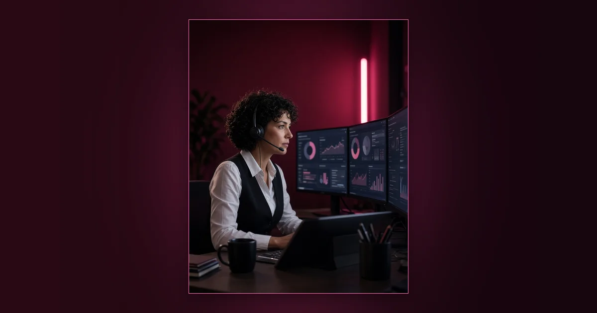 $10K With 10 Models or Just One?: Girls Lounge cover image showing a woman in a turtleneck checking charts on a tablet, neon pink lighting (AI-generated illustration)