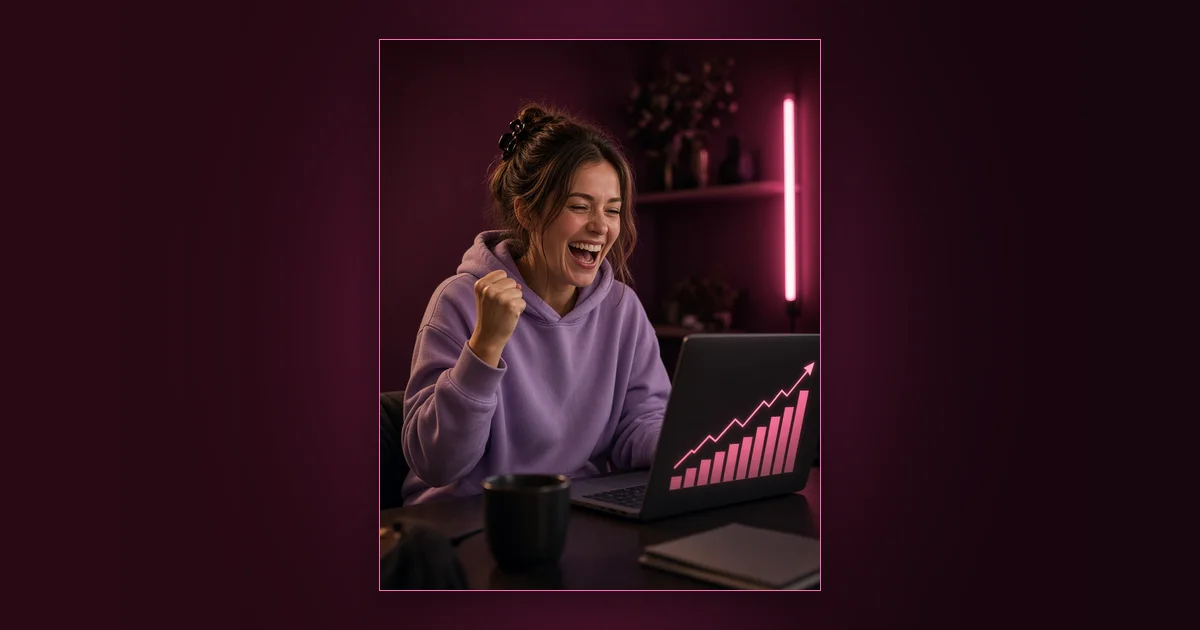 Stop Calling Him "Babe": Girls Lounge cover image showing a smiling woman in a sweater reading messages on her phone, neon pink lighting (AI-generated illustration)