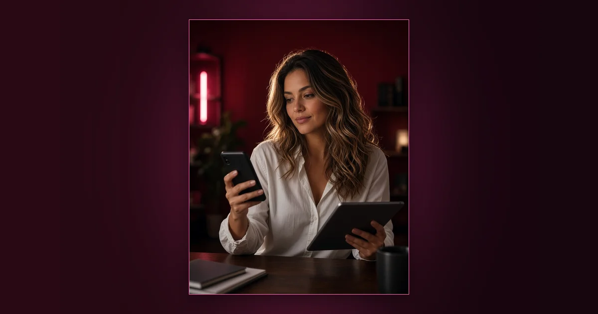 OnlyFans vs MYM: Who Wins in 2026?: Girls Lounge cover image showing a woman in a turtleneck checking charts on a tablet, neon pink lighting (AI-generated illustration)