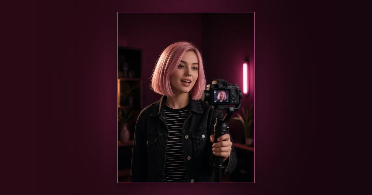 Why Everyone Wants to Be a Creator: Girls Lounge cover image showing a woman in a blazer filming herself with her phone, neon pink lighting (AI-generated illustration)