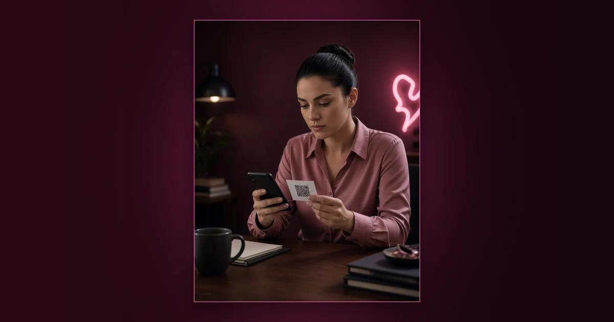 The QR Code Trick in Your PPV: Girls Lounge cover image showing a smiling woman in a sweater reading messages on her phone, neon pink lighting (AI-generated illustration)