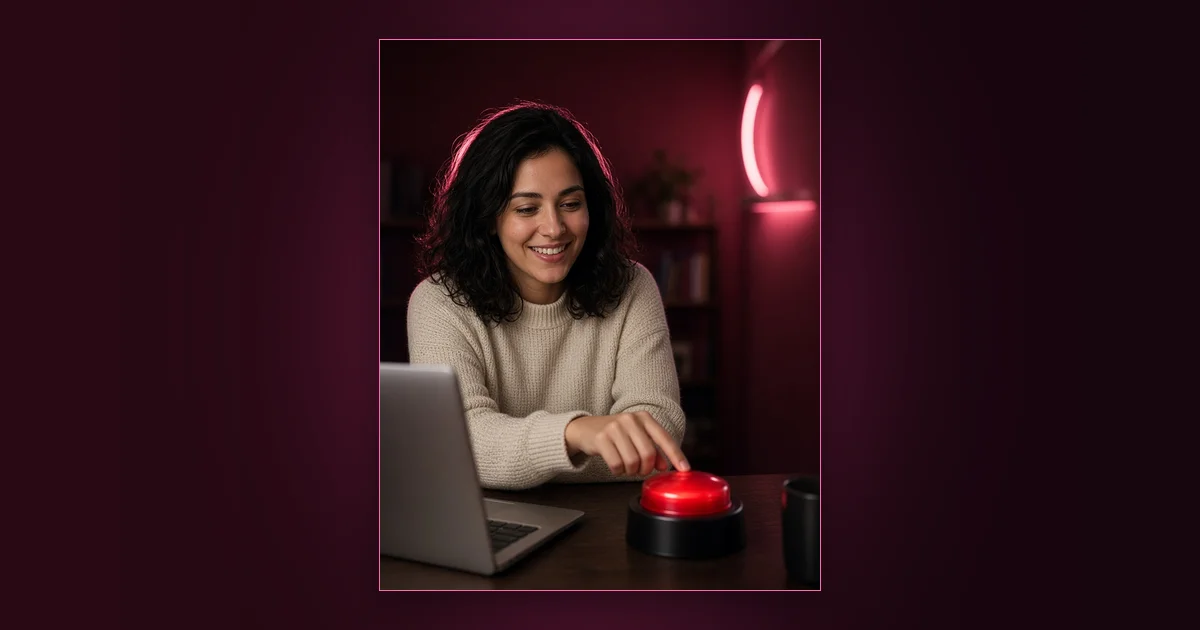 Give Him One Big Red Button: Girls Lounge cover image showing an illustrated woman silhouette holding a phone with chat bubbles and hearts, neon pink lighting (AI-generated illustration)