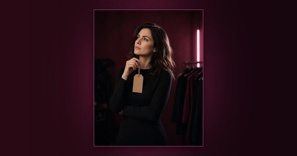 The Topaz Trick: Charge More: Girls Lounge cover image showing a woman in a turtleneck checking charts on a tablet, neon pink lighting (AI-generated illustration)