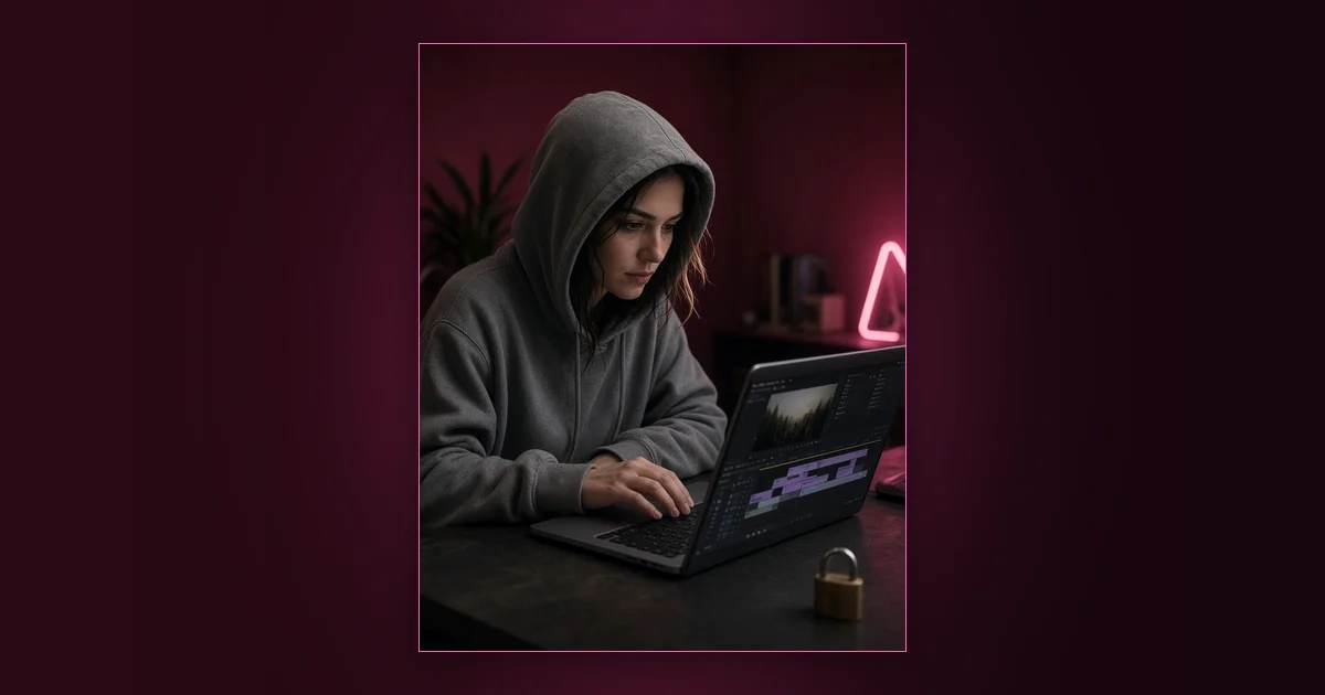 Hide Your Location Before You Post: Girls Lounge cover image showing a woman in a denim jacket typing on a laptop in a cafe, neon pink lighting (AI-generated illustration)