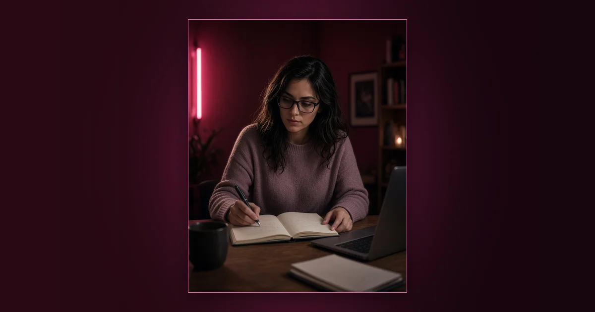 $20 Page vs Free Page: Our Real Test: Girls Lounge cover image showing a woman in a black blazer planning at a desk with a laptop and notebook, neon pink lighting (AI-generated illustration)