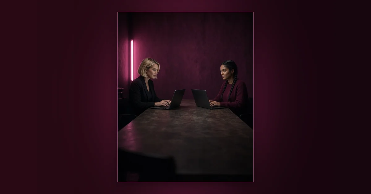 Bargain Bin or Velvet Rope?: Girls Lounge cover image showing an elegant woman in a long-sleeved black dress in a lounge bar, neon pink lighting (AI-generated illustration)
