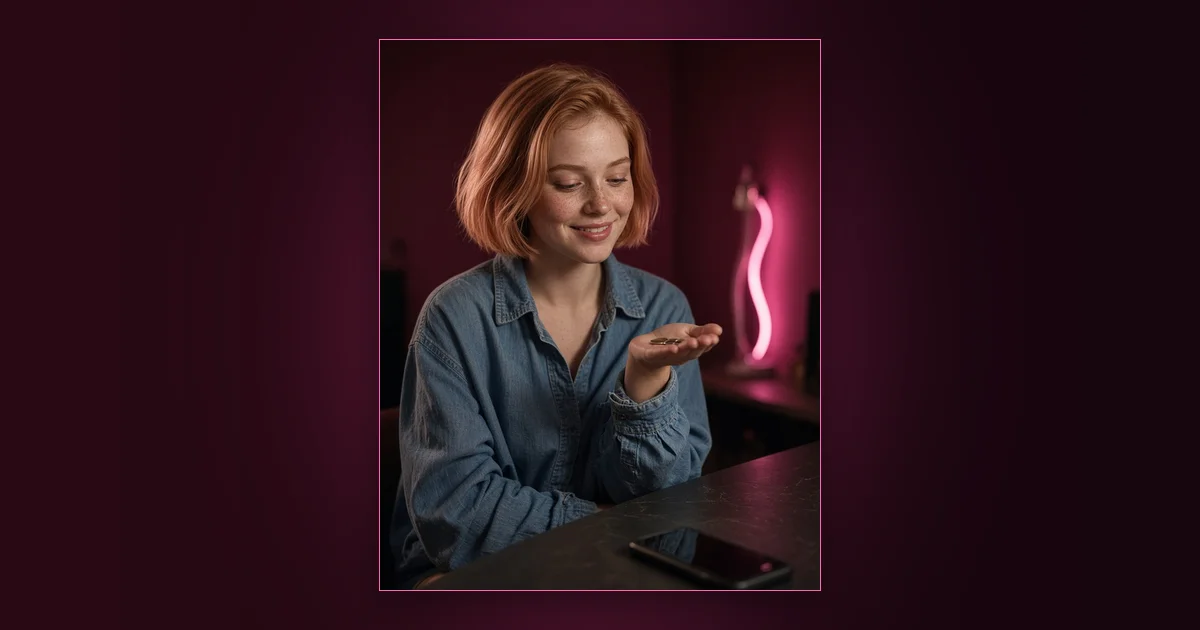 How 30 Cents Changed Everything: Girls Lounge cover image showing a smiling woman in a sweater reading messages on her phone, neon pink lighting (AI-generated illustration)