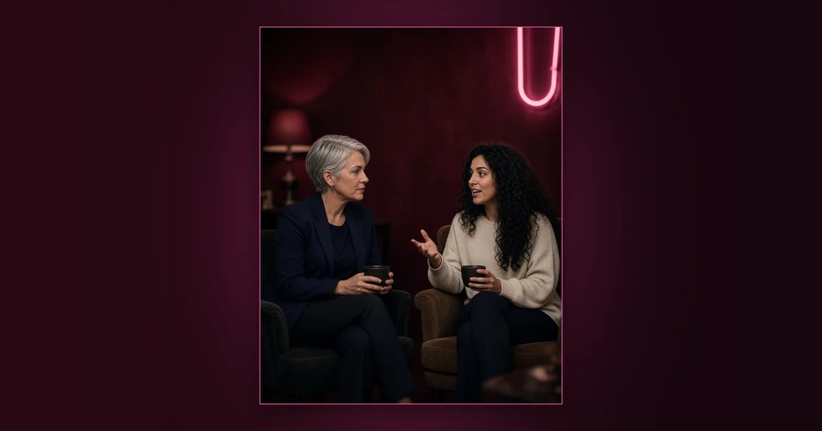 One Size Fits Nobody: Girls Lounge cover image showing a woman in a black blazer planning at a desk with a laptop and notebook, neon pink lighting (AI-generated illustration)
