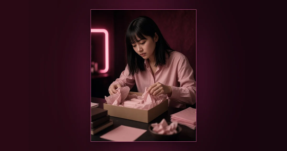 The Little Taste That Sells: Girls Lounge cover image showing an illustrated woman silhouette holding a phone with chat bubbles and hearts, neon pink lighting (AI-generated illustration)