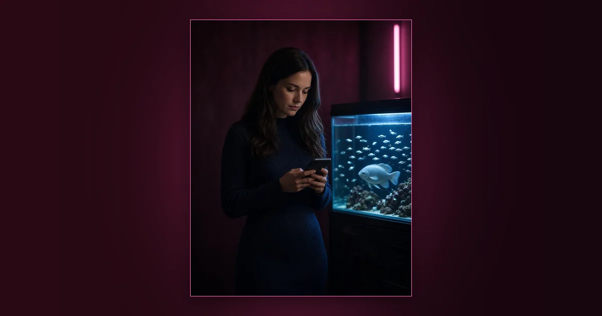 Whales vs Sardines: Girls Lounge cover image showing a woman in a turtleneck checking charts on a tablet, neon pink lighting (AI-generated illustration)