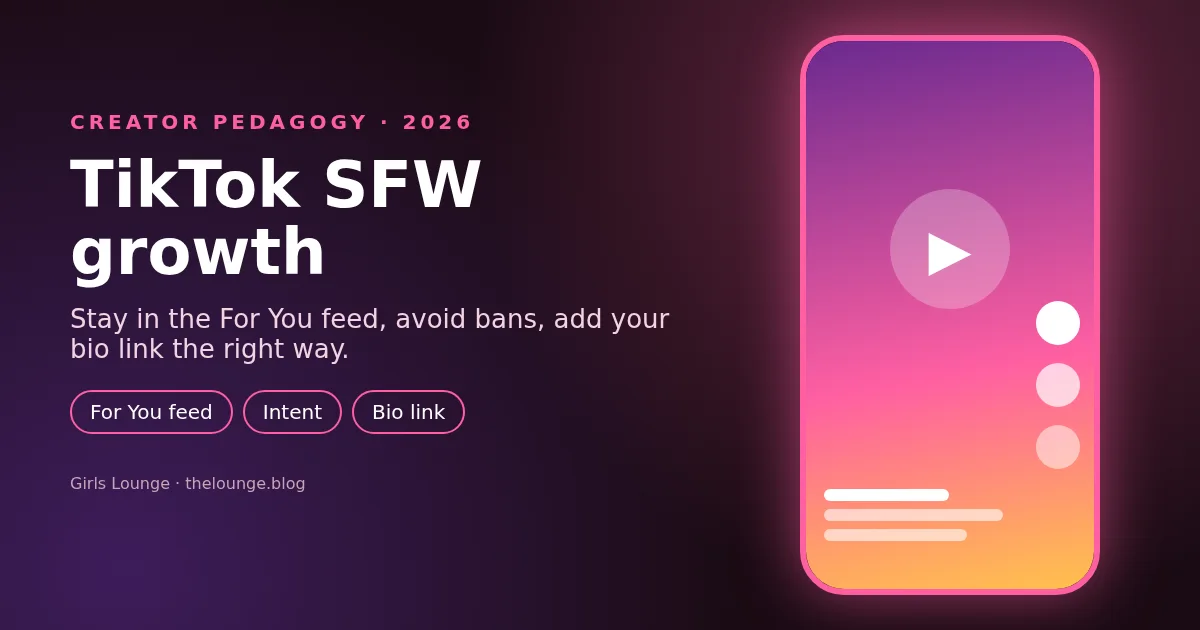 TikTok SFW Growth for Creators: Girls Lounge cover illustration with a stylized vertical video on a phone, neon pink and violet
