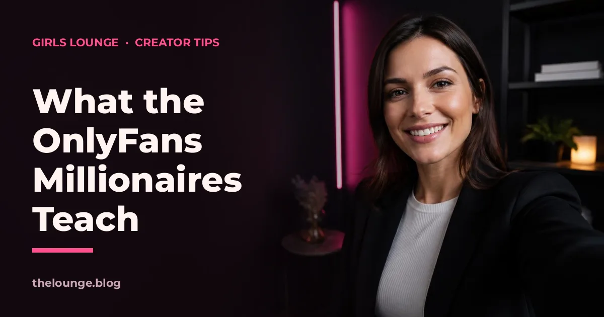 What the OnlyFans Millionaires Teach: Girls Lounge cover image showing a woman in a blazer filming herself with her phone, neon pink lighting (AI-generated illustration)