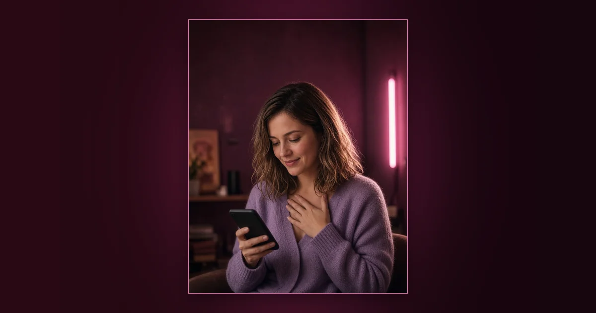 He's Buying a Feeling, Not Content: Girls Lounge cover image showing an elegant woman in a long-sleeved black dress in a lounge bar, neon pink lighting (AI-generated illustration)