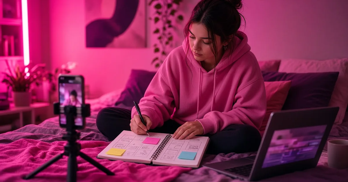 A creator in a hoodie planning her weekly SFW video schedule in a notebook next to a phone on a tripod (AI-generated illustration)
