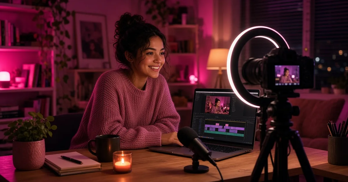 YouTube SFW Growth for Creators: Girls Lounge cover image showing a woman in a sweater filming a vlog at her desk with a ring light, neon pink lighting (AI-generated illustration)