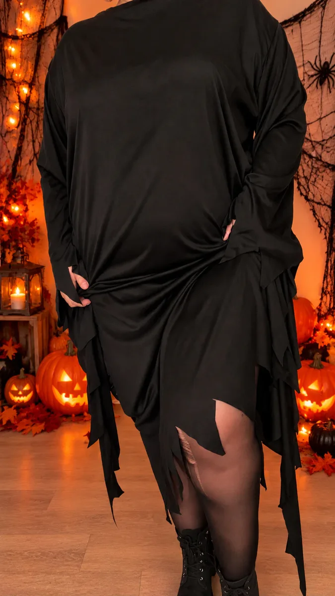 Fanny Secrets in a black dress and sheer black tights, posing in front of Halloween decorations
