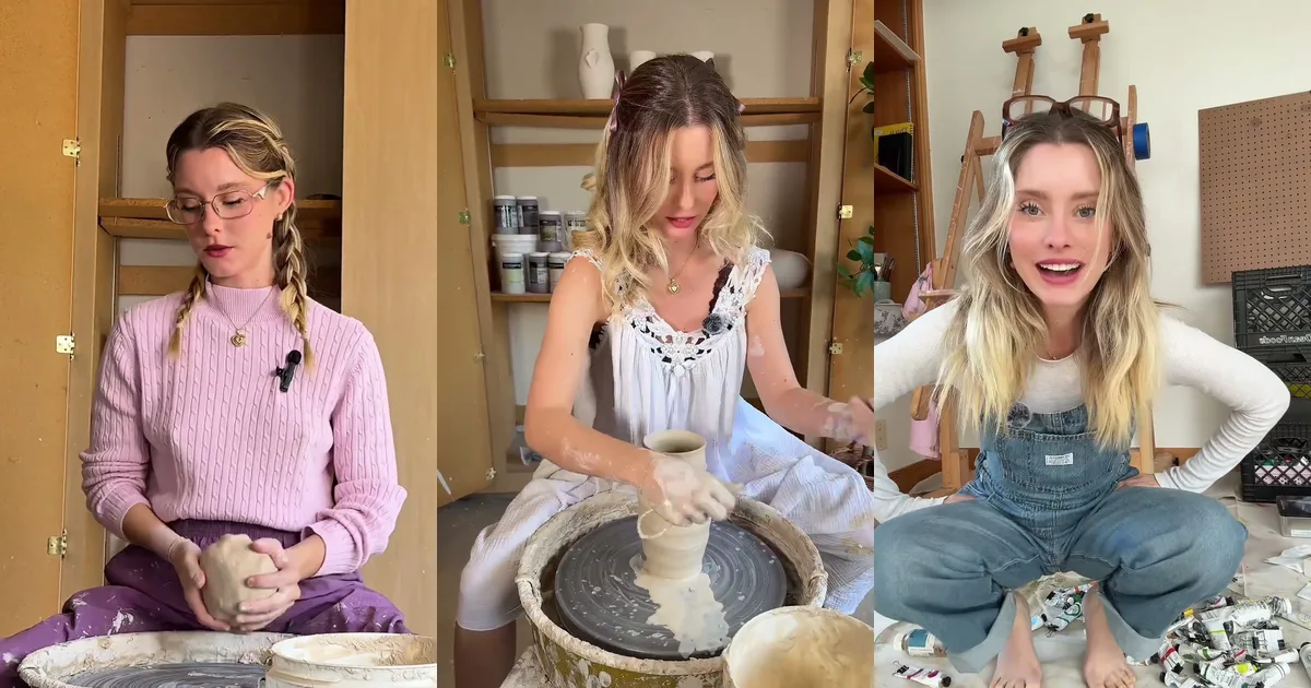 Haven Tunin at her pottery wheel in a pink sweater, throwing a cup at the wheel, and smiling in her painting studio