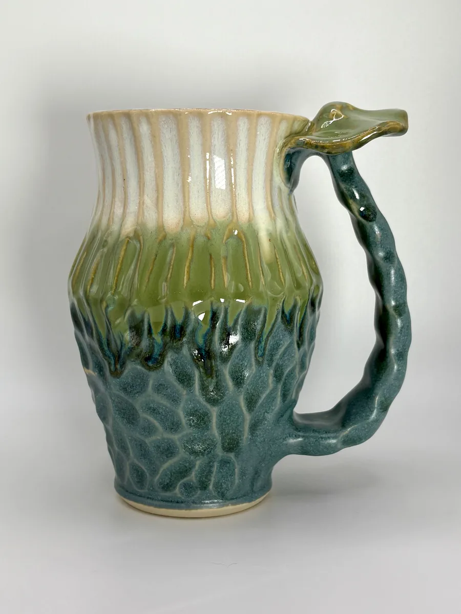 Green and blue textured mushroom mug handmade by Haven Tunin