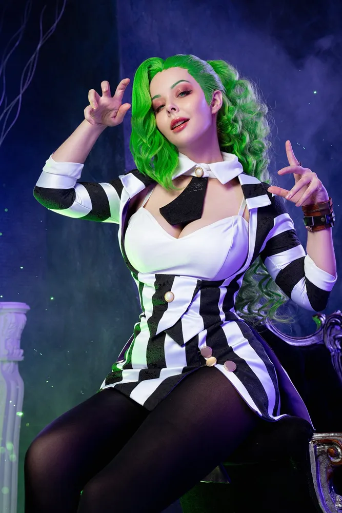 Helly Valentine in a striped Beetlejuice suit