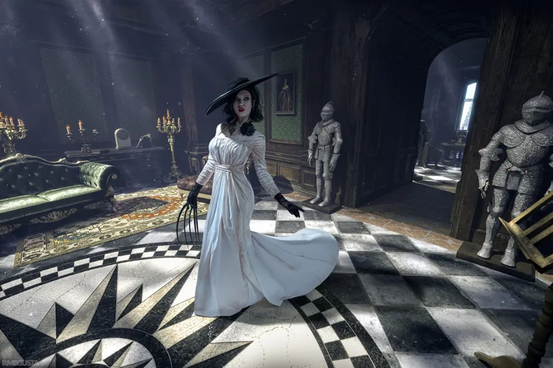 Lada Lyumos as Lady Dimitrescu in a checkered castle hall