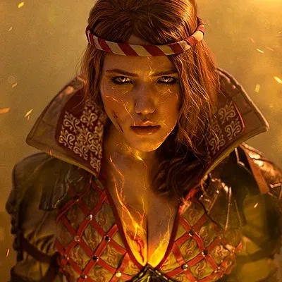 Lada Lyumos as a Witcher sorceress in red and gold