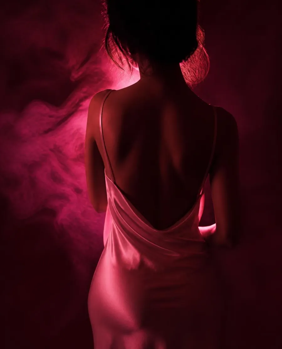 Silhouette in a pink satin slip under neon light
